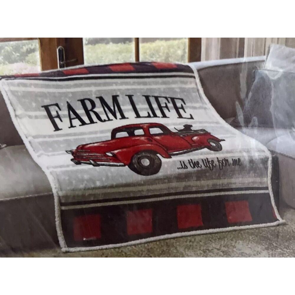 Regal Comfort Red Truck Farm Life Red Black Plaid Flannel Throw Blanket 50"x60"